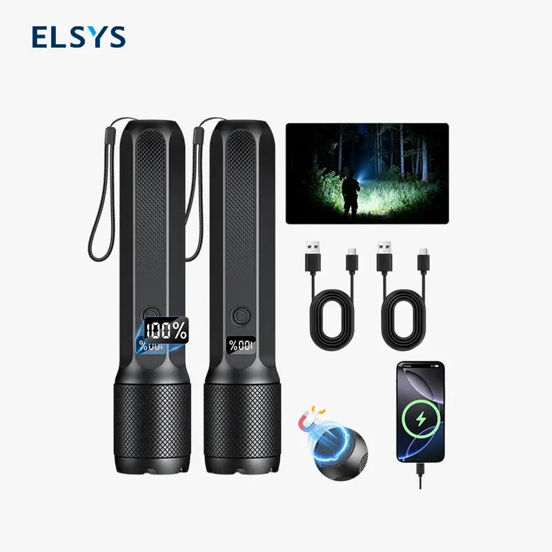 Linterna LED Recargable de 2000 Lúmenes, Táctica con Zoom Ajustable, Pantalla Digital y Base Magnética, 7 Modos de Iluminación para Camping, Senderismo y Emergencias