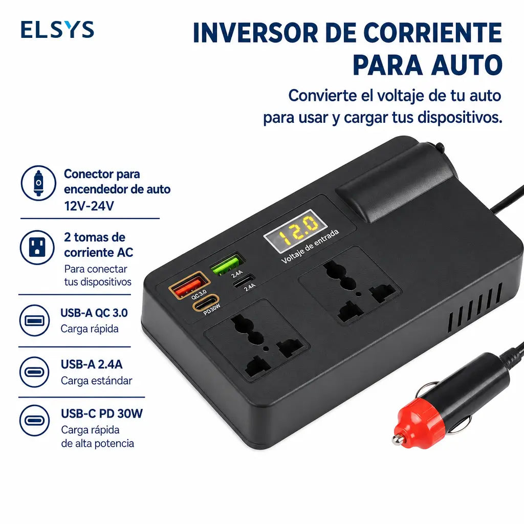 Inversor compacto para auto 12V-24V a 220V con carga rápida QC3.0 y pantalla, para celulares, tablets y laptops en viajes