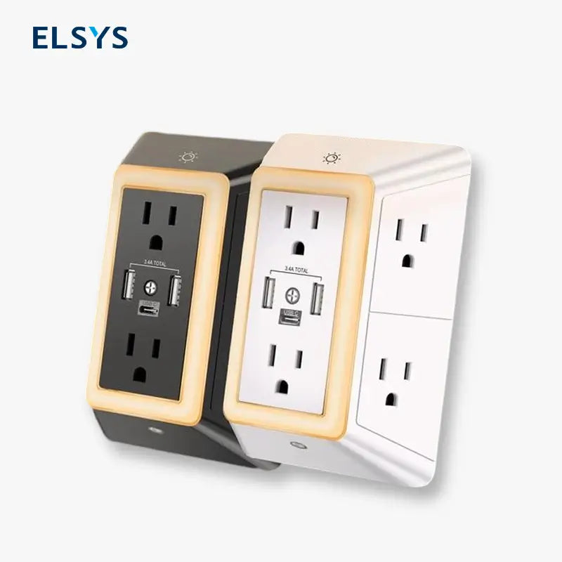 Supresor de Picos con Luz Nocturna, 3 Puertos USB y 6 Contactos de CA, Protector Eléctrico Multicontacto
