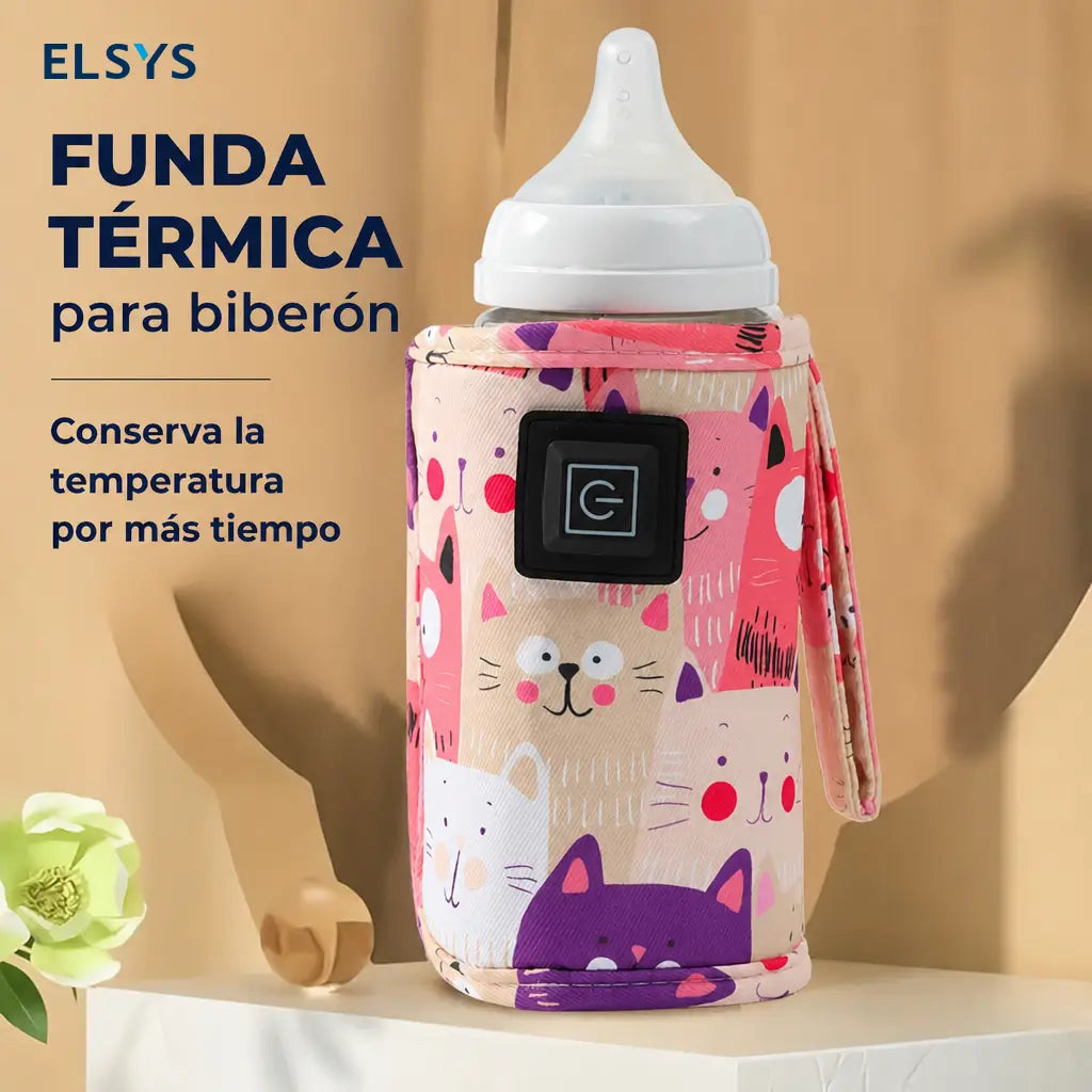 Calentador portátil USB para biberón con 3 temperaturas y funda térmica con gatitos para casa, viajes y salidas con bebé diarias
