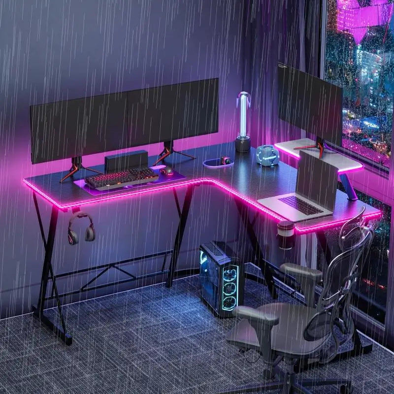 Escritorio Gamer en L con Luces LED, Escritorio de Esquina para Computadora con Portavasos y Gancho para Audífonos, Estación de Trabajo para Oficina en Casa con Soporte para Monitor Grande, Fácil de Armar (Negro, 130 cm)