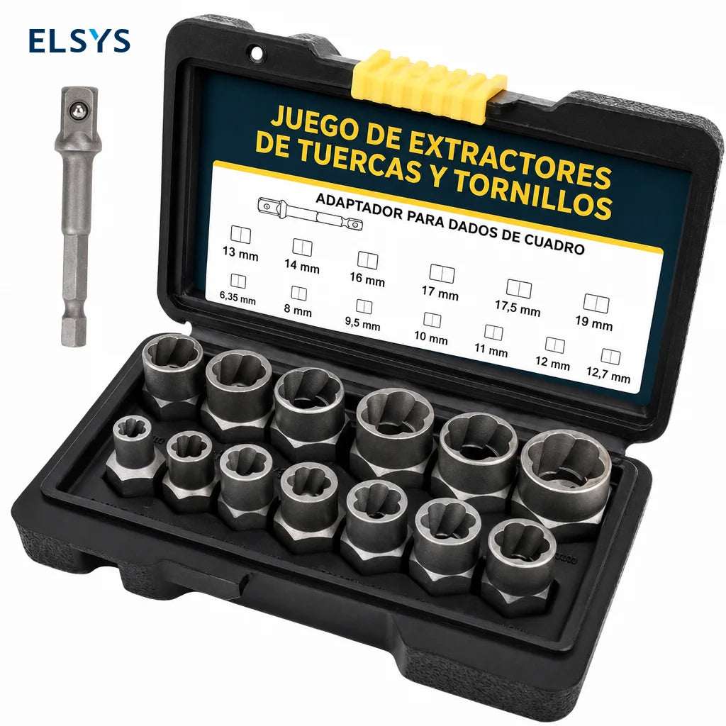 Juego extractor de birlos y tuercas dañadas 14 piezas, acero Cr-Mo, para taller mecánico y reparaciones de auto con estuche