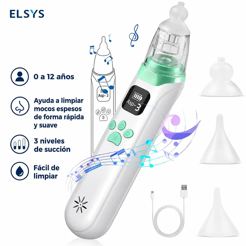 Aspirador nasal eléctrico recargable para bebé con 3 niveles de succión, puntas de silicón y música calmante para aliviar congestión en casa y viajes