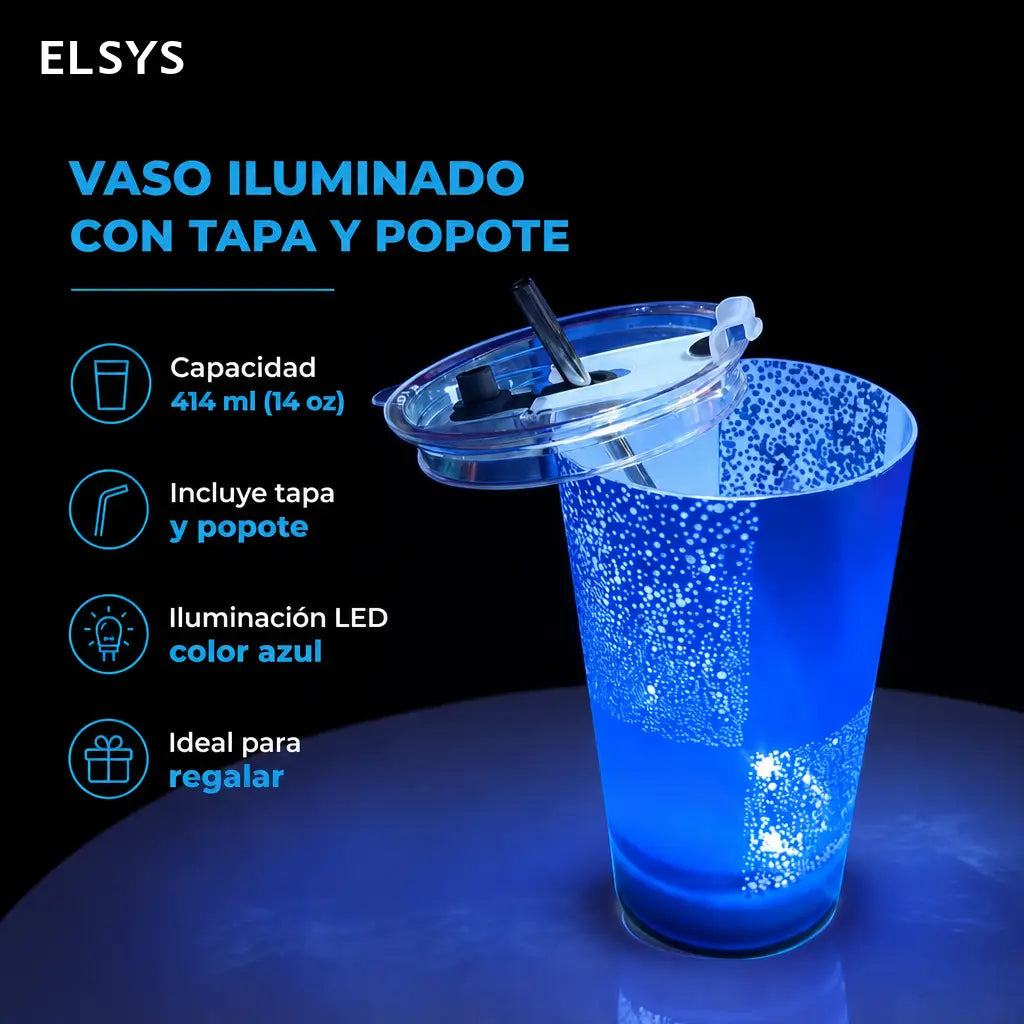 Vaso LED luminoso de 414 ml con color personalizable, tapa y popote para bebidas frías en fiestas, bares y eventos especiales