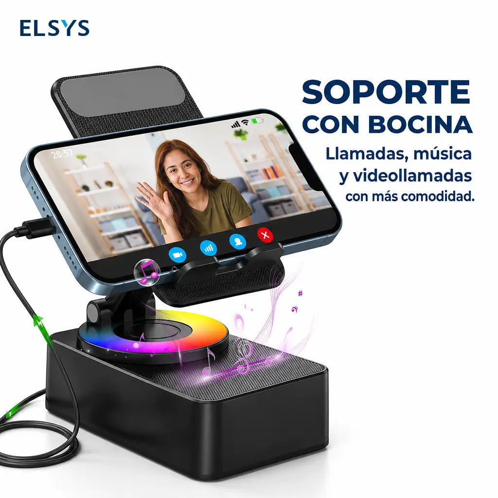 Bocina Bluetooth portátil con base plegable, carga de emergencia y soporte 360° para ver series, escuchar música y hacer videollamadas
