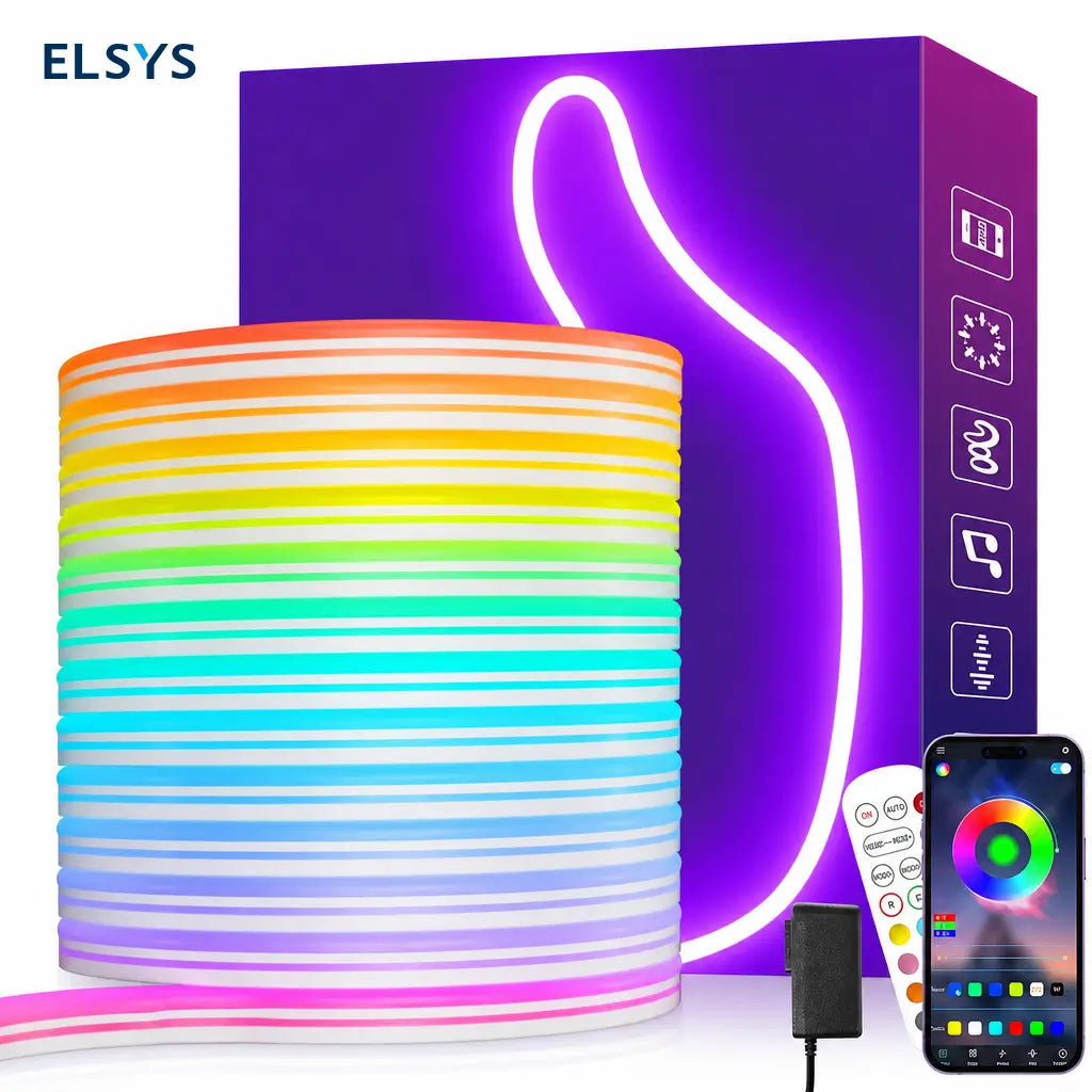 Tira LED neón RGB flexible con sincronización musical, IP67 y control por app para decoración en recámaras, setup gamer y exteriores