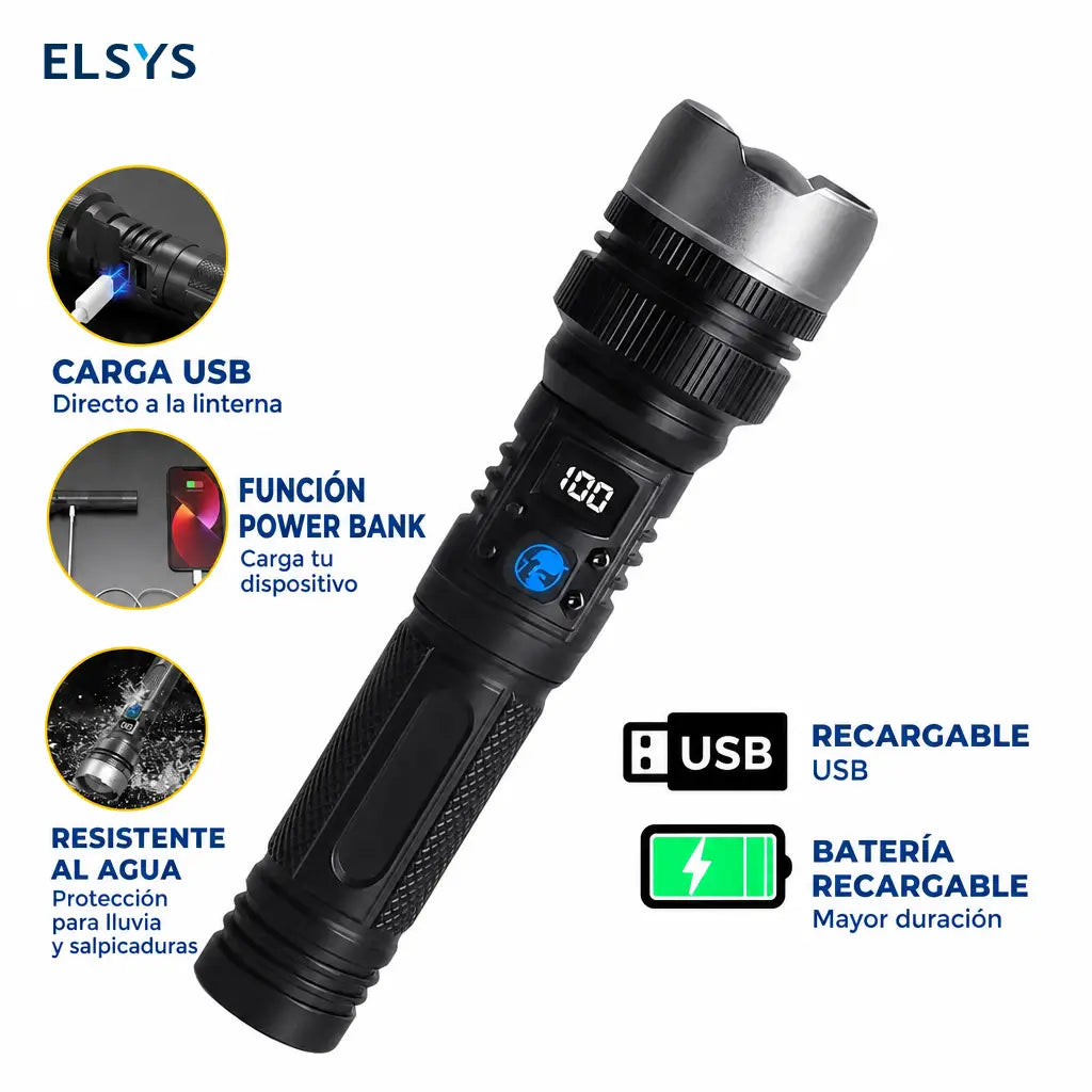 Linterna LED recargable 2 en 1 de 2200 lúmenes con power bank para camping y emergencias