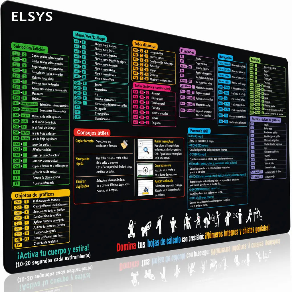 Tapete XXL para escritorio con atajos de Excel, base antideslizante y borde cosido para oficina, gaming y productividad diaria en computadora