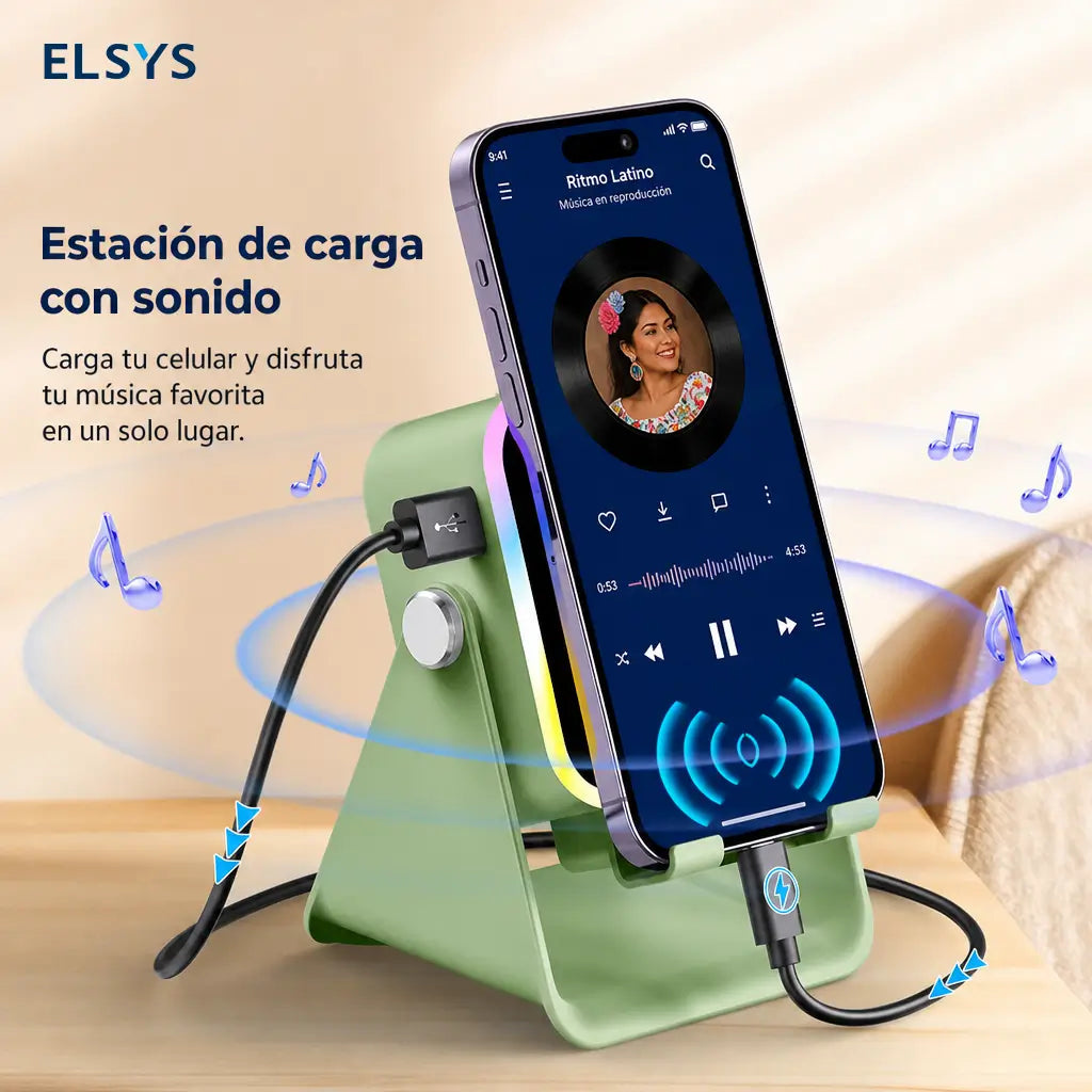 Bocina inalámbrica 5 en 1 con soporte ajustable 360°, luz RGB y power bank de 3500 mAh para celular y tablet en casa