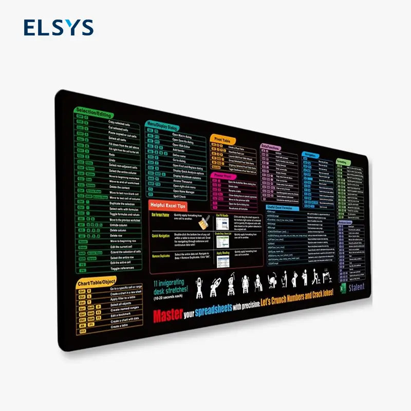 Mouse Pad Extragrande con Atajos de Excel | Tapete de Escritorio XXL para Oficina y Gaming | Bordes Reforzados Antideslizantes | Ideal para Usuarios de Hojas de Cálculo (90x40 cm)