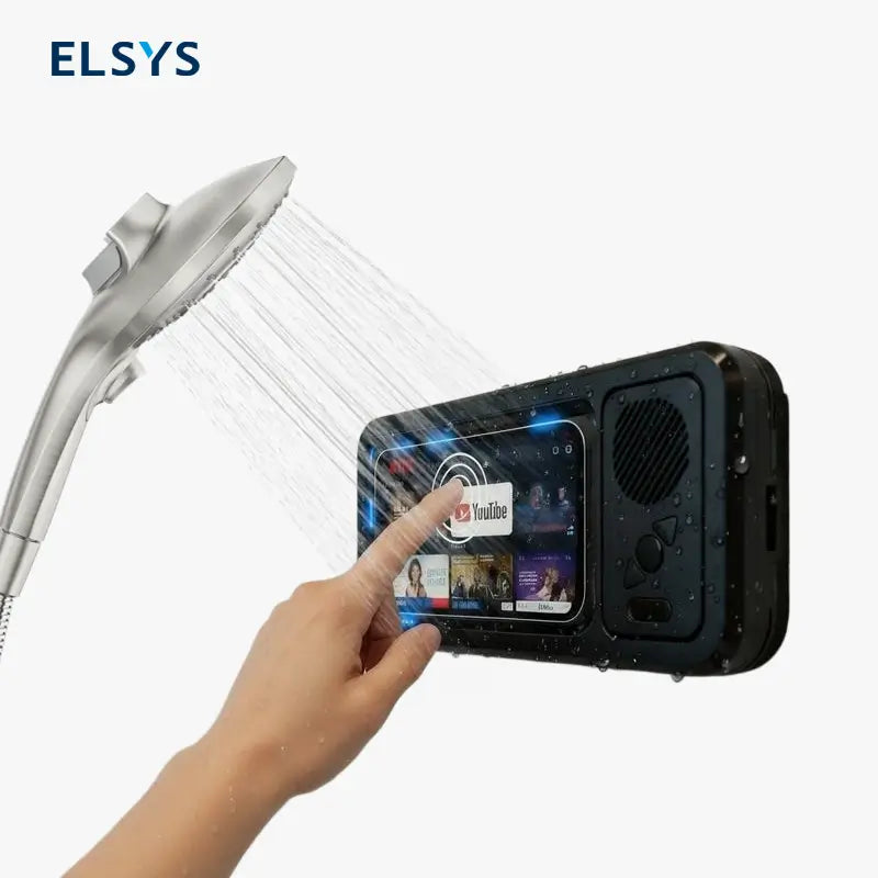 Porta celular para regadera impermeable con bocina Bluetooth, rotación 360° y pantalla táctil para baño