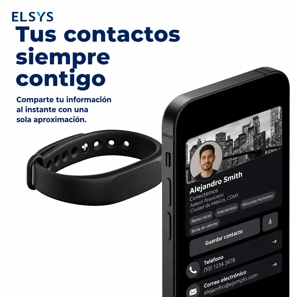 Pulsera de tarjeta digital NFC con código QR para compartir contactos en iPhone y Android sin app ni suscripción al instante