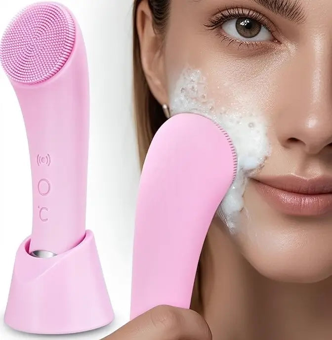 Cepillo Limpiador Facial Térmico y Vibratorio con Masajeador, Limpiador Eléctrico de Silicona para Mujer y Hombre, Limpieza Profunda y Exfoliación Suave (Rosa)