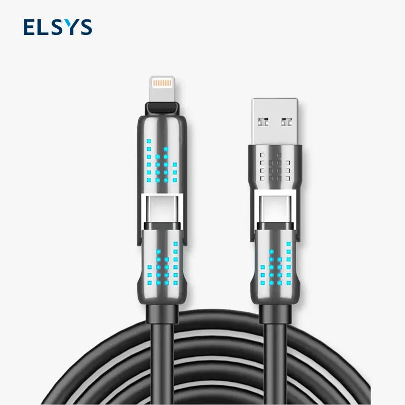 Cable USB-C 4 en 1 de 240W, Carga Rápida PD 5A, Sincronización de Datos, USB-A, Tipo-C y Lightning, de Aluminio, Universal para Celulares, Tabletas y Laptops