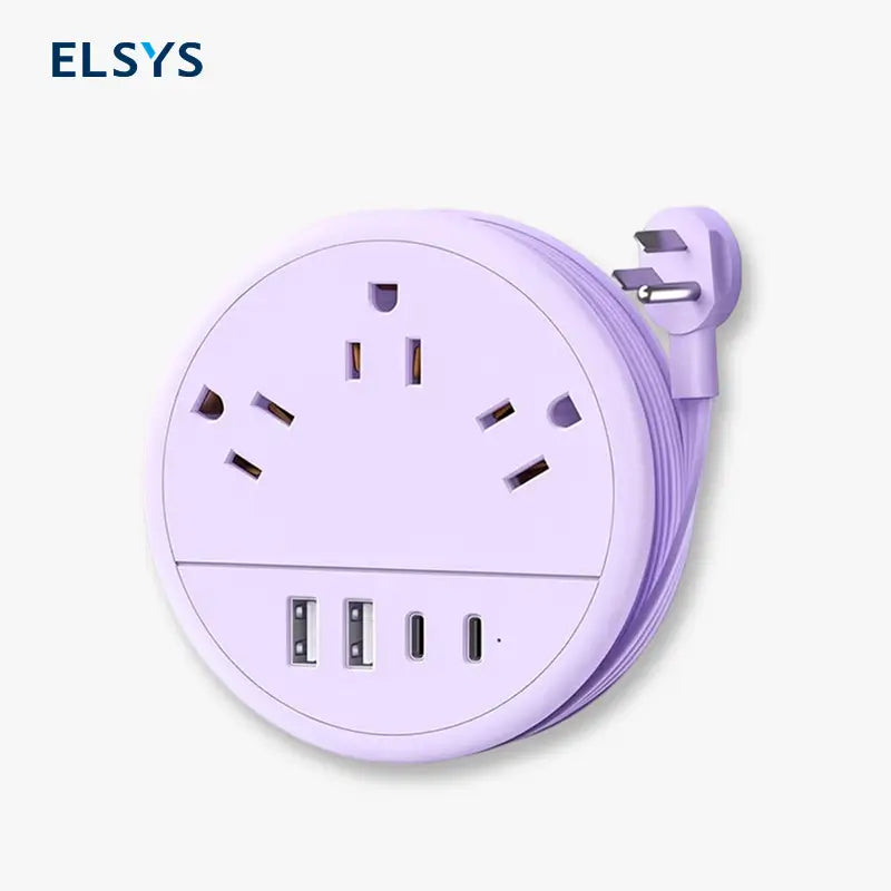 Multicontacto de Viaje Redondo con 3 Salidas de CA y 4 Puertos USB (2 USB-C) – Cable de Extensión Enrollable de 1.2 m, Apto para Cruceros, Esencial para Hotel, Dormitorio y Oficina