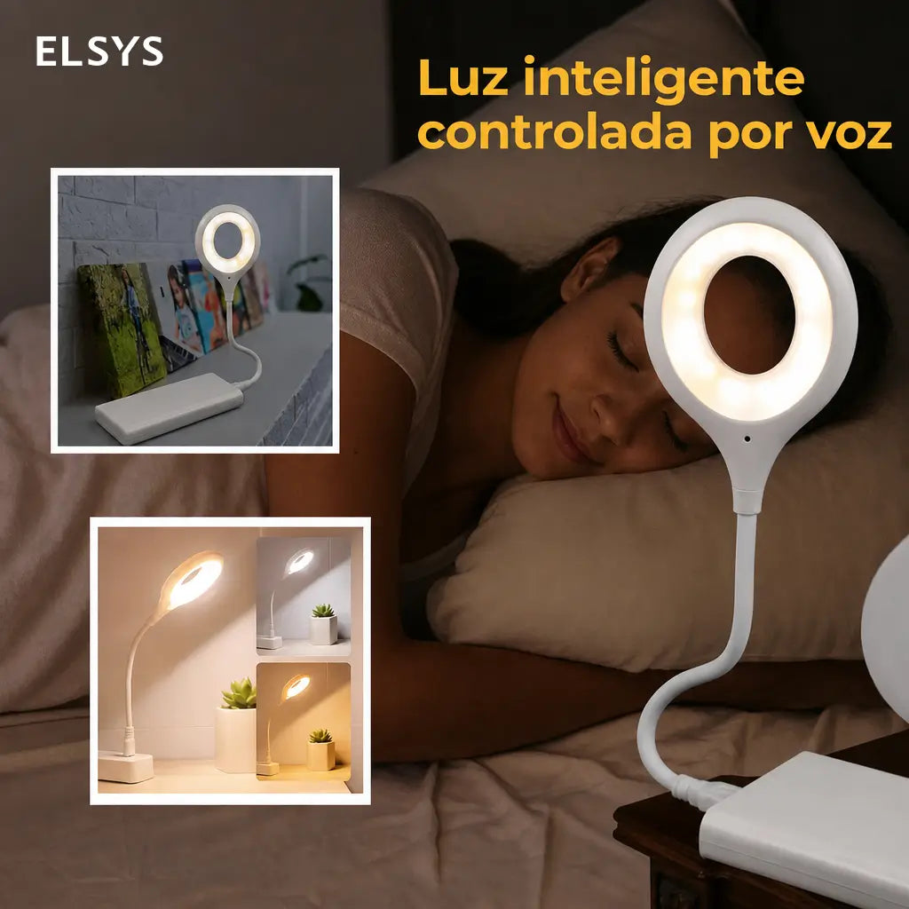 Lámpara LED USB de cuello flexible con control por voz y luz cálida regulable para lectura nocturna en cama, oficina o estudio