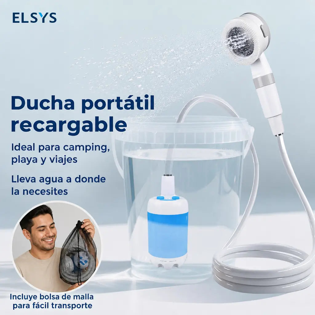 Ducha eléctrica recargable con bomba sumergible y bolsa de transporte para camping, senderismo, lavado de coche y limpieza de mascotas