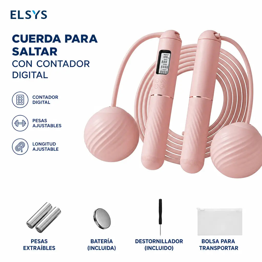 Cuerda para saltar ajustable con contador integrado, mango antiderrapante y opción con peso para rutinas de fitness en casa