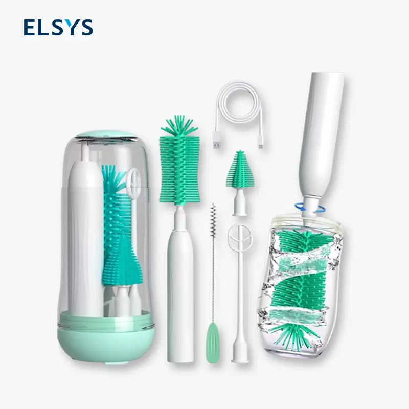 Cepillo Eléctrico para Limpiar Biberones y Mamilas, Kit de Limpieza 360° de Silicón con Cepillo para Tetinas y Popotes, Impermeable, Set de 6 Piezas para Recién Nacidos