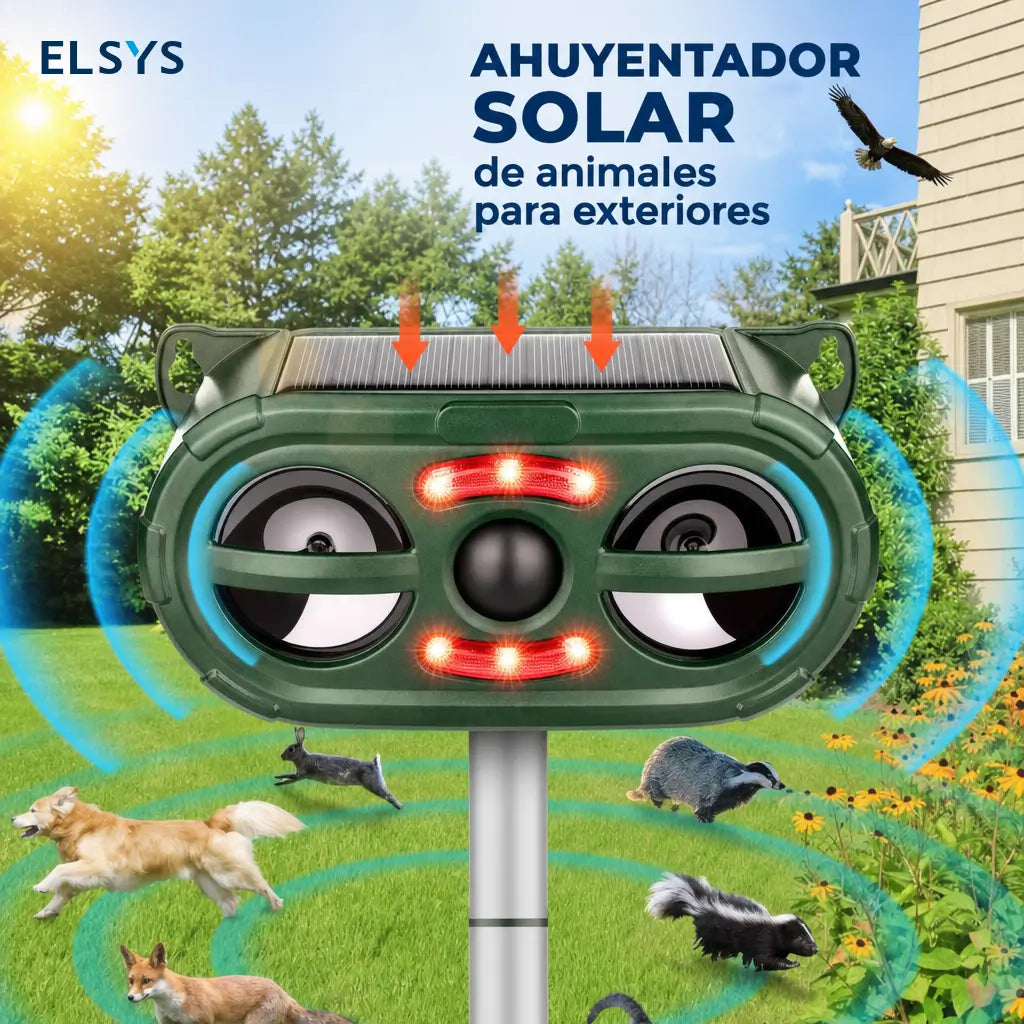 Repelente ultrasónico solar para animales con sensor PIR y LED, cobertura de 120 m² para jardín, huerto y granja exterior