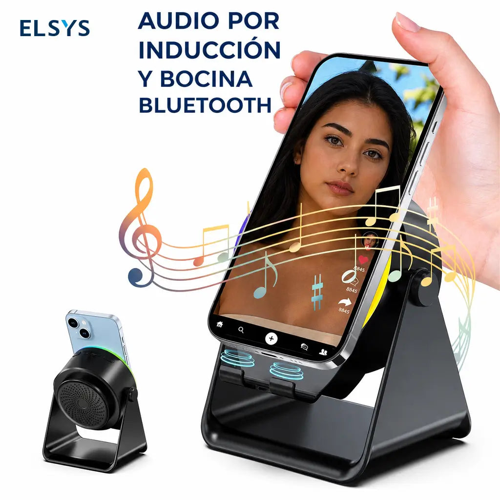 Bocina Bluetooth 5.3 con soporte para celular, giro 360°, luz RGB y audio por inducción para casa, oficina, viajes y tablet