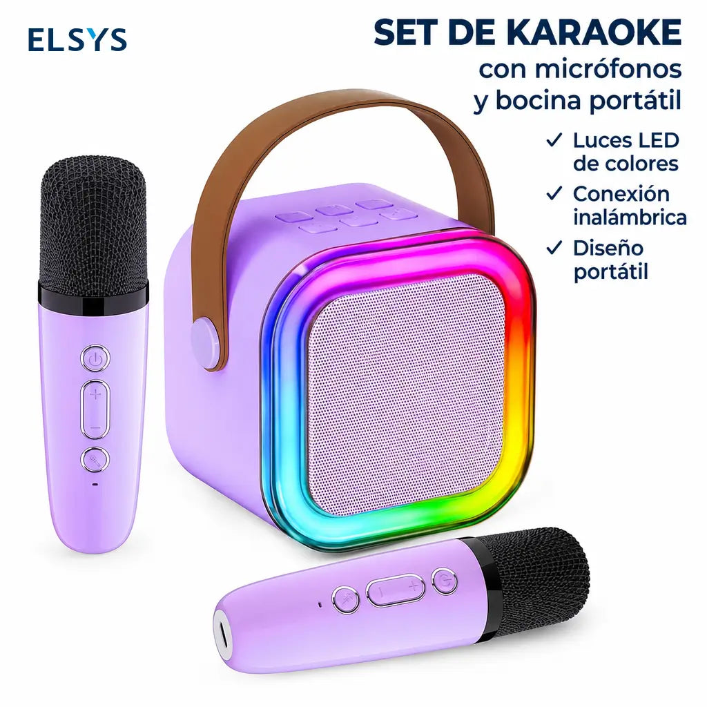 Bocina karaoke mini Bluetooth 5.3 con 2 micrófonos inalámbricos, luces RGB y sonido HiFi para fiestas en casa y reuniones al aire libre