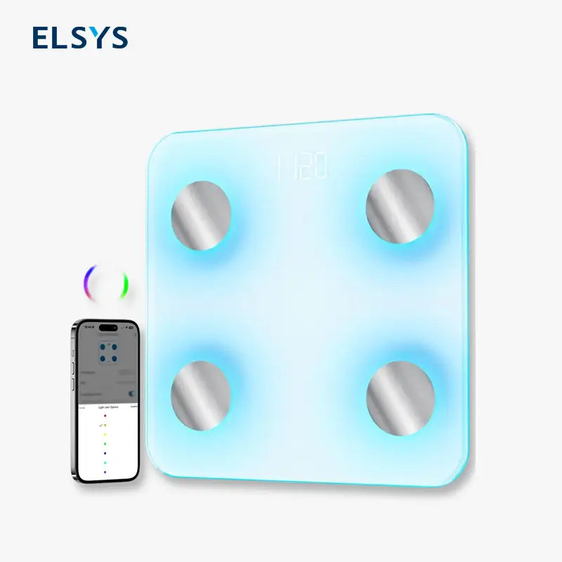 Báscula Inteligente de Baño con Bluetooth y Luz de 7 Colores, Monitor de Grasa Corporal e IMC, Báscula Digital para Composición Corporal con App para Smartphone