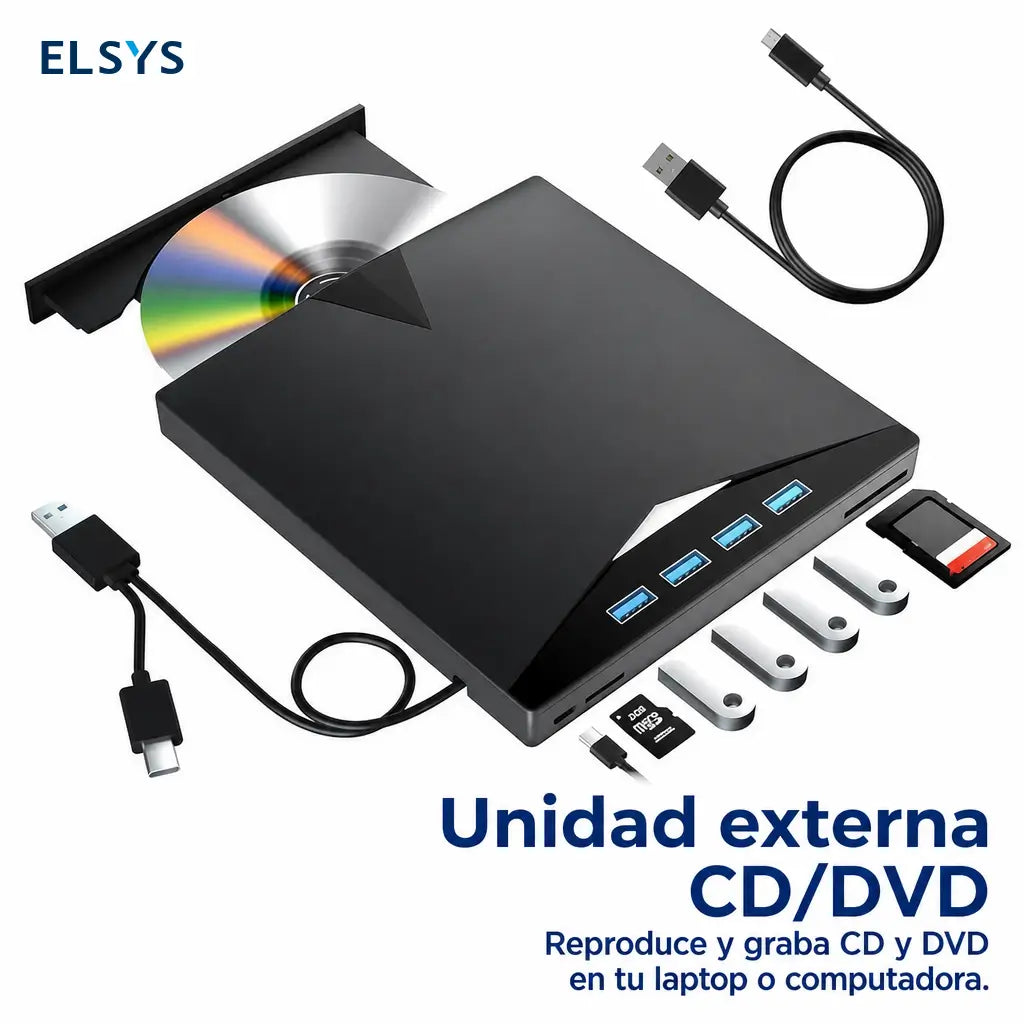 Unidad de DVD externa 7 en 1 con USB 3.0 y USB-C para laptop, PC y respaldo de discos en casa u oficina