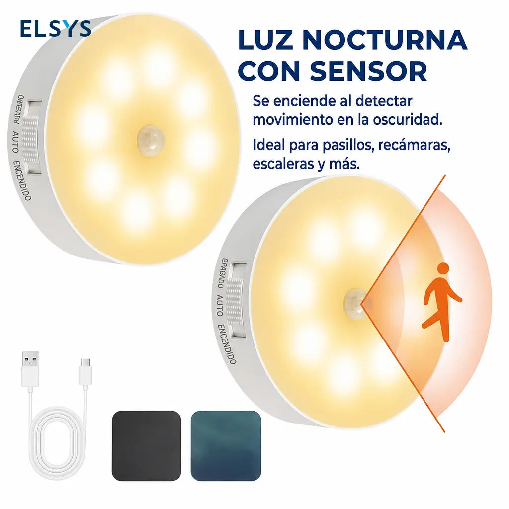 Luz nocturna LED con sensor de movimiento, 2 piezas recargables USB para clóset, cocina, pasillo y baño con montaje magnético sin perforar