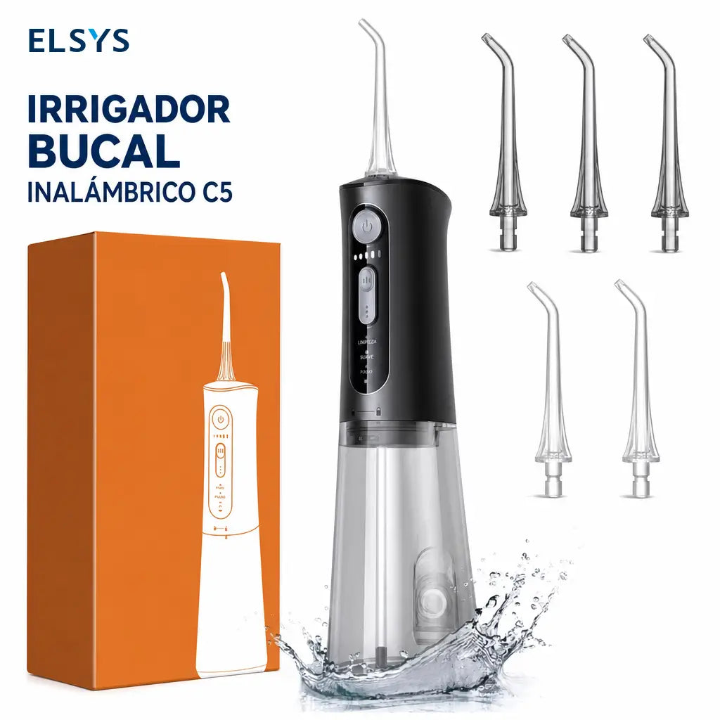 Irrigador dental recargable IPX7 con puntas 360°, batería de 40 días y depósito amplio para higiene oral completa diaria en casa y viaje