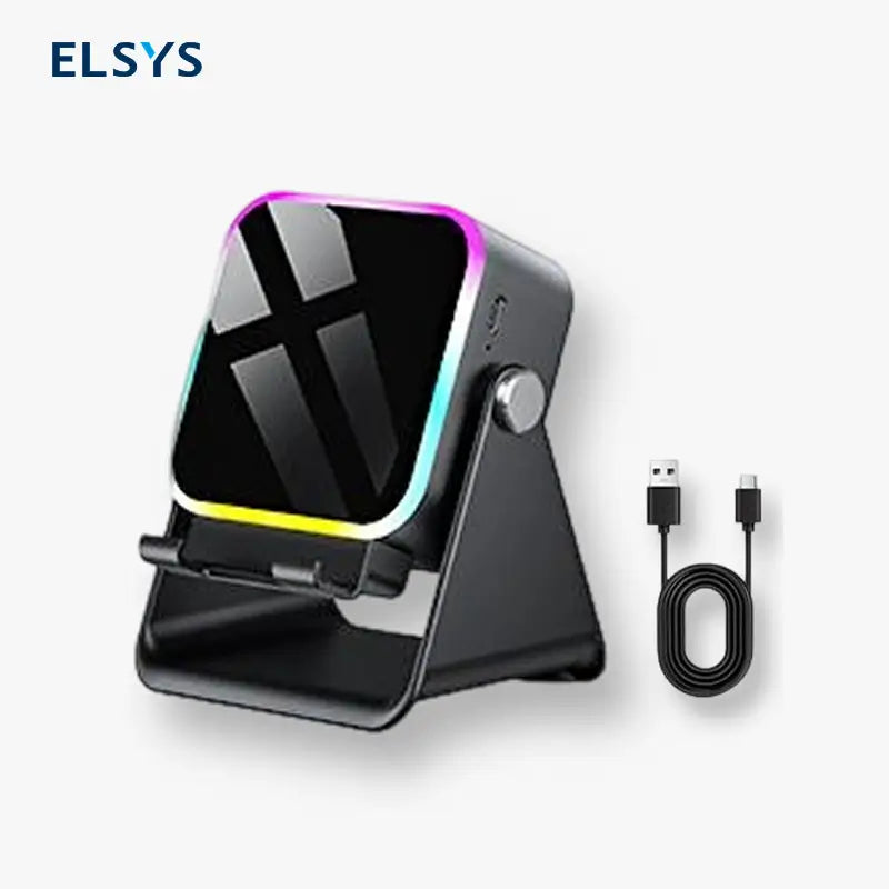 Soporte con Altavoz de Inducción Inalámbrico, Base para Celular 5 en 1, Batería Portátil de Emergencia de 3500mAh, Soporte Ajustable de 360° para Tablet con Luz Ambiental de Colores
