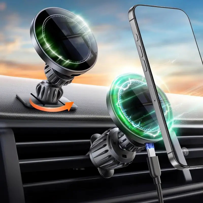 Cargador MagSafe de 15W para Auto y Soporte Magnético – [Clip para Rejilla y Adhesivo para Tablero 2 en 1] Porta Celular Inalámbrico de Carga Rápida para iPhone 16/15 Pro Max Ajustable