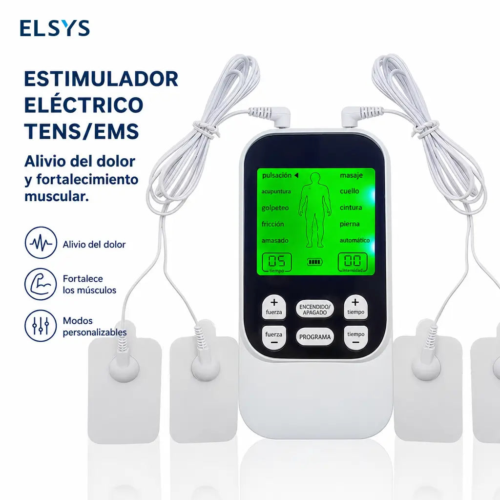Masajeador muscular TENS/EMS recargable con 10 modos, 30 intensidades y 4 parches para aliviar tensión diaria en cuello, espalda y piernas