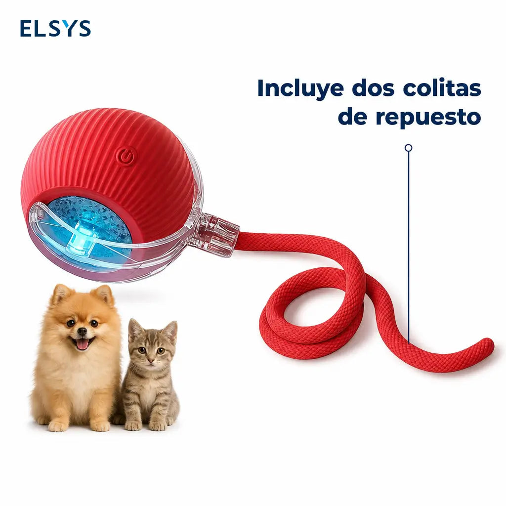 Pelota interactiva para gatos y perros con luces de colores, cola giratoria y carga USB-C para juego activo diario en casa