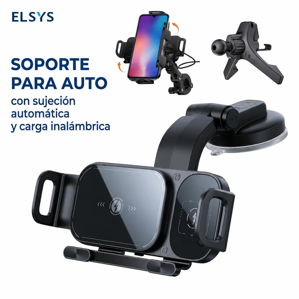 Soporte cargador inalámbrico 15W para auto con sujeción automática y rotación 90°, ideal para celulares plegables y grandes