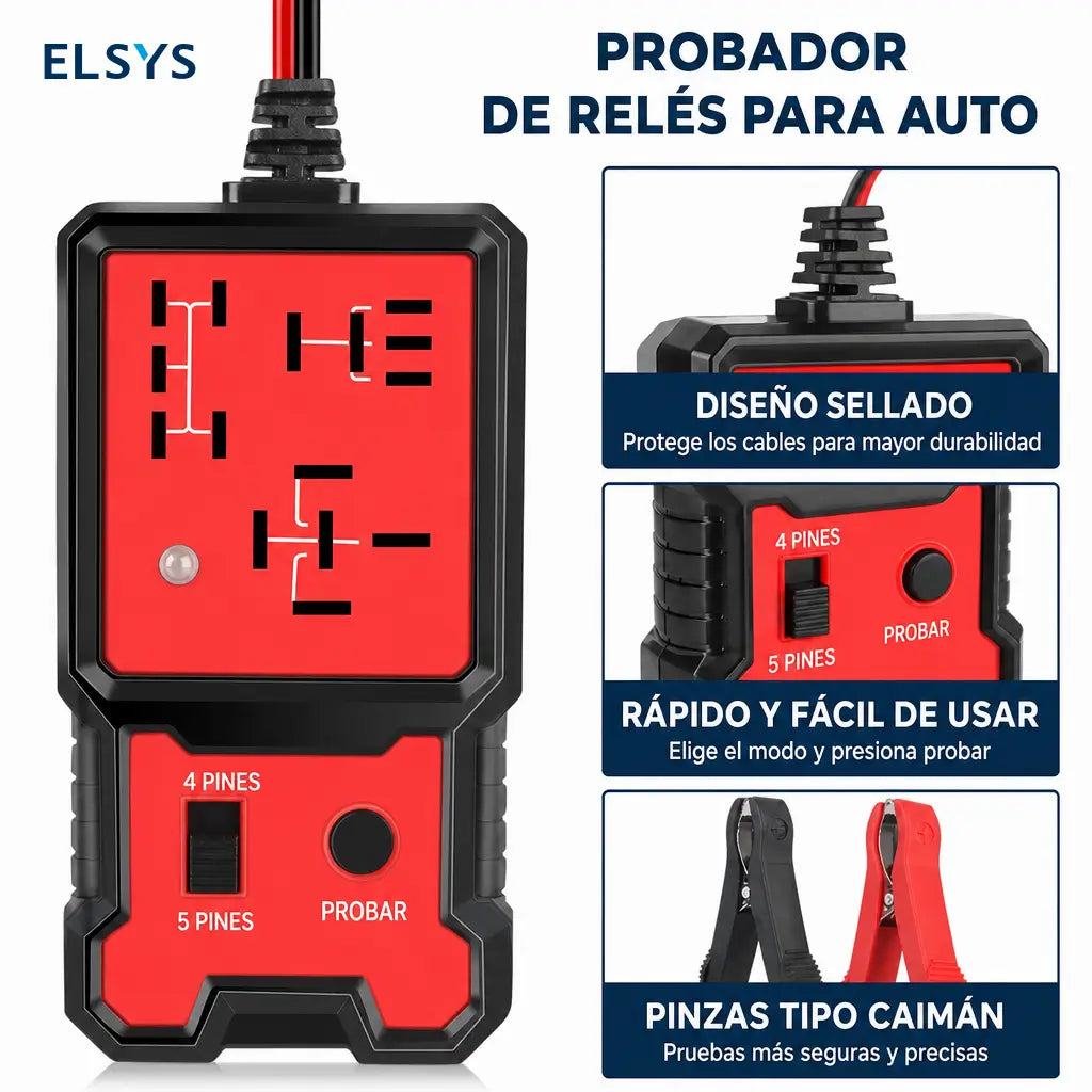 Probador automotriz de relevadores 12V con indicador LED rojo y verde para diagnóstico rápido en autos, talleres y revisión de 4 y 5 pines