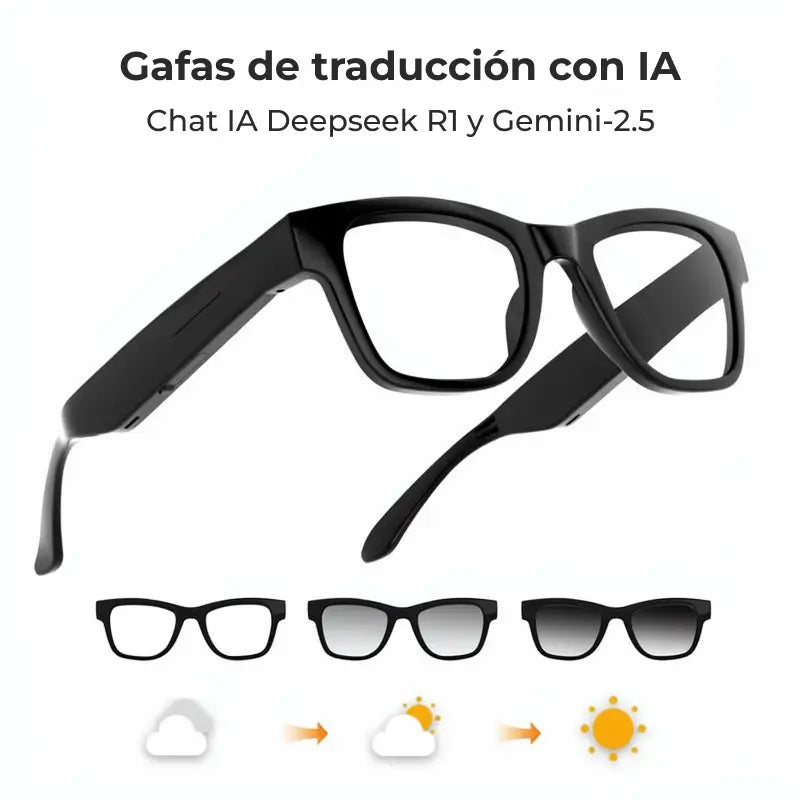 Lentes Inteligentes con IA, Traducción de 160 Idiomas, Audio para Hombre y Mujer, Micrófono y Altavoz, Llamadas HD y Música Hi-Fi, Manos Libres, Micas Fotocromáticas, Ideales para Ciclismo, Conducir y Viajes