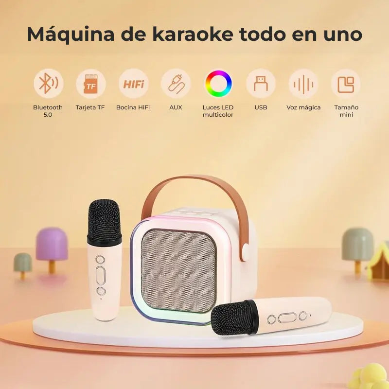 Mini Máquina de Karaoke con 2 Micrófonos Inalámbricos, Bocina Bluetooth con Luz LED Nocturna, Sistema de Karaoke Portátil para Fiestas