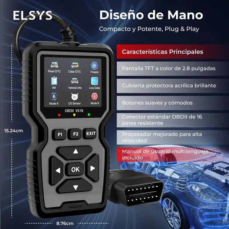 Escáner automotriz OBD2 V519 con pantalla LCD, datos en tiempo real y lectura de códigos para autos desde 1996, sin usar batería