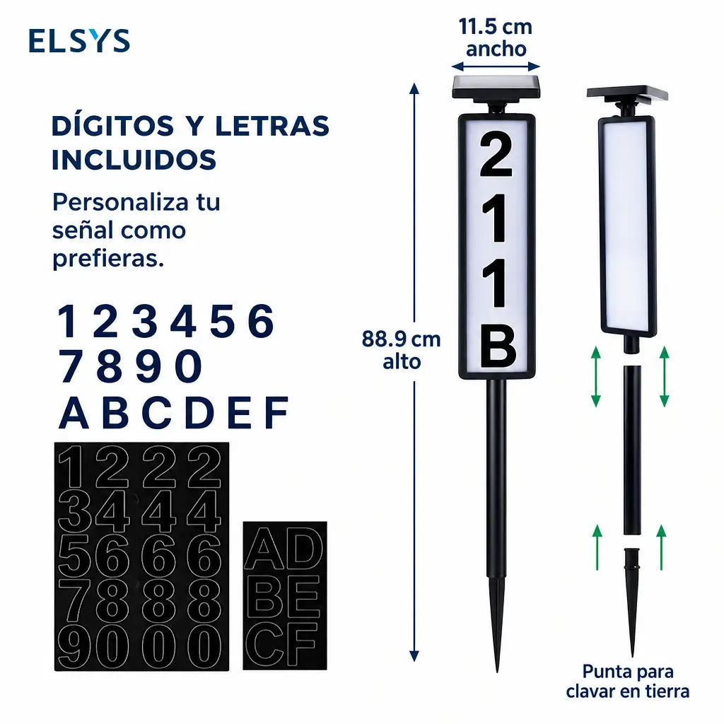 Letrero solar LED para número de casa con estaca, luz blanca o cálida y placa personalizable para entrada, jardín o patio