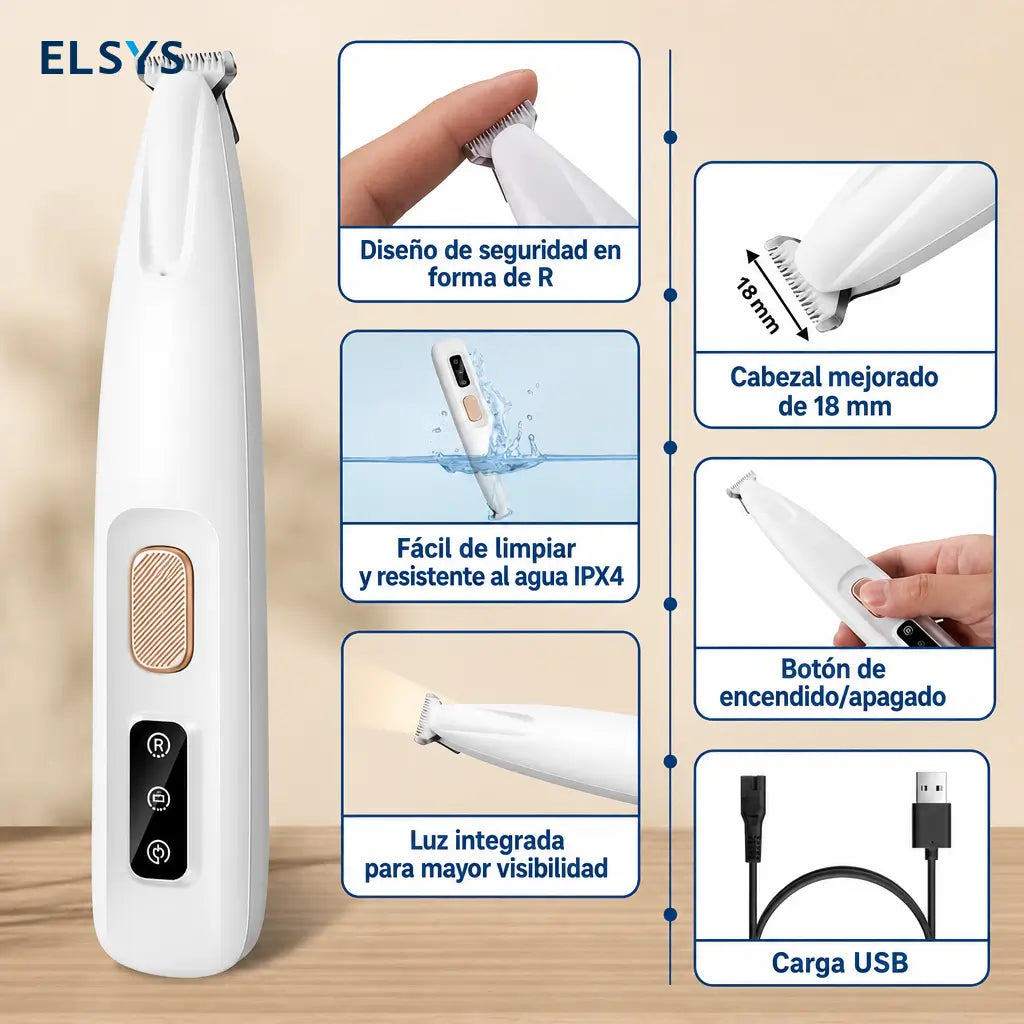 Rasuradora eléctrica para patas de perros y gatos con luz LED, cuchilla 18 mm y bajo ruido para grooming en casa fácil y seguro