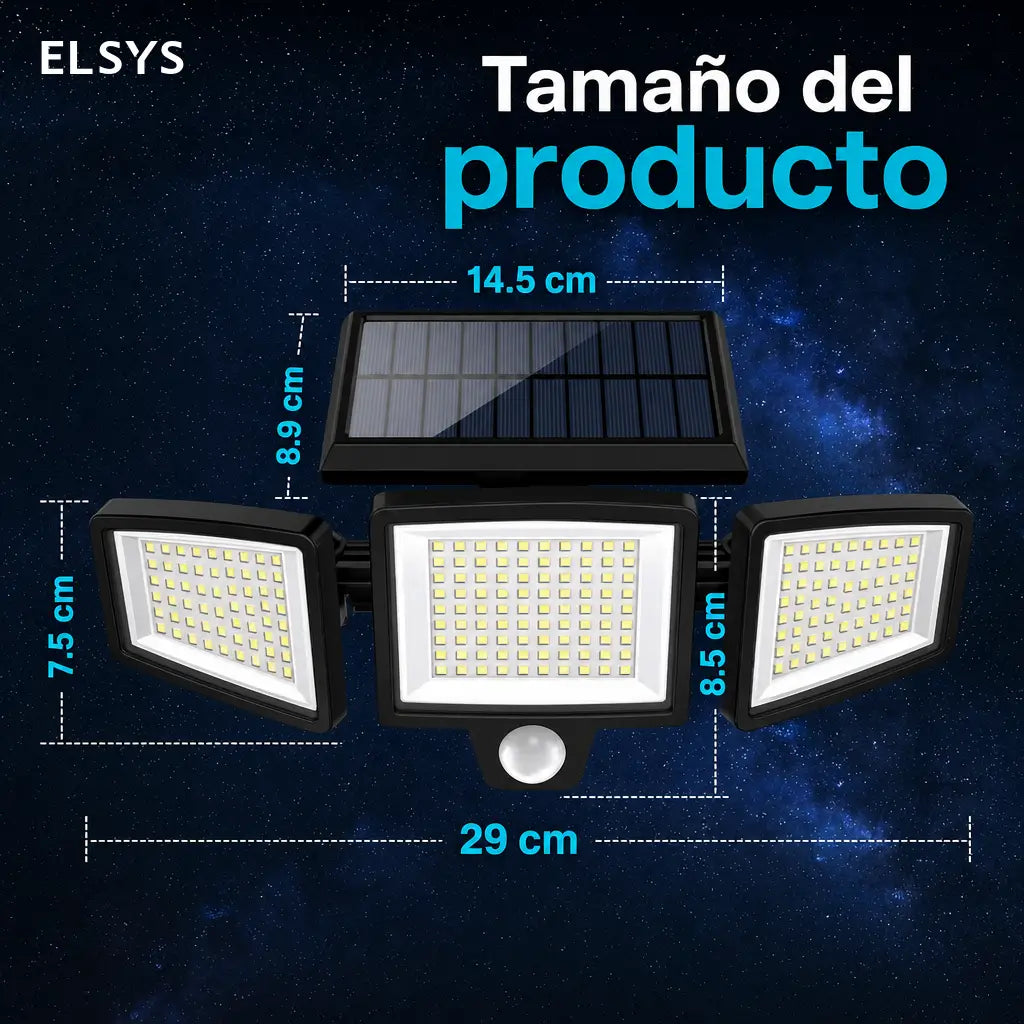 Lámpara solar exterior de seguridad 2500 lm con 3 cabezales ajustables, sensor PIR y control remoto para patios y cocheras