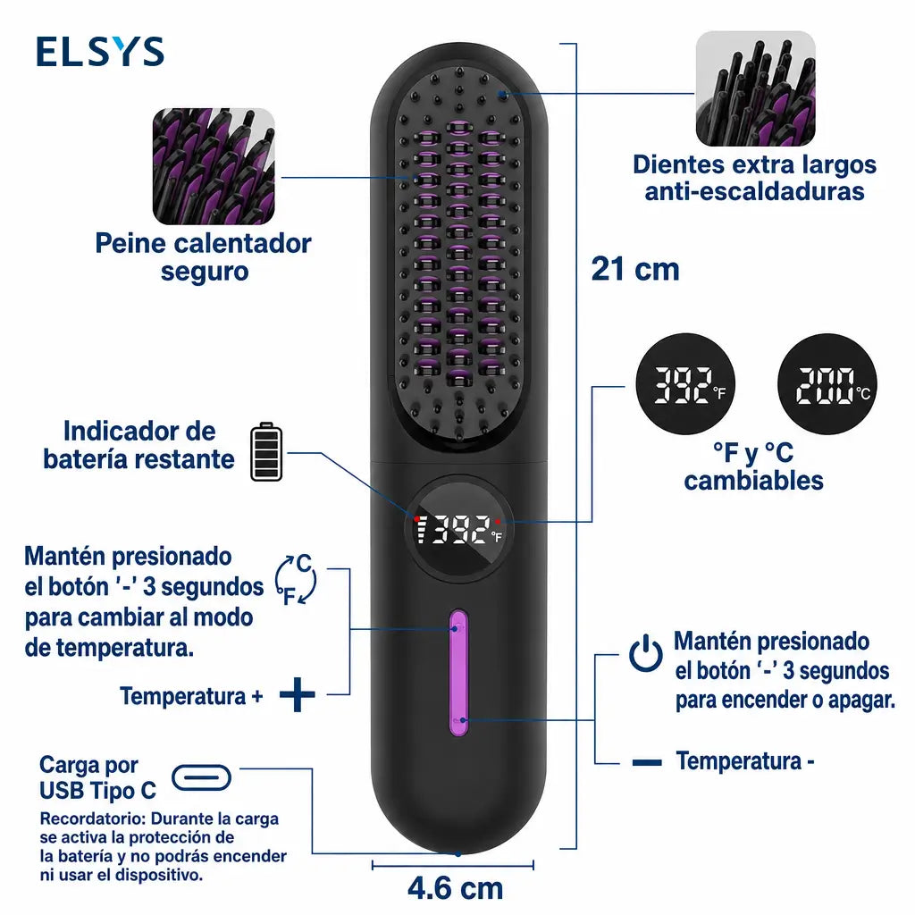 Cepillo alaciador inalámbrico 2 en 1 con USB-C y 7 temperaturas para cabello fino en casa, oficina, escuela o viaje