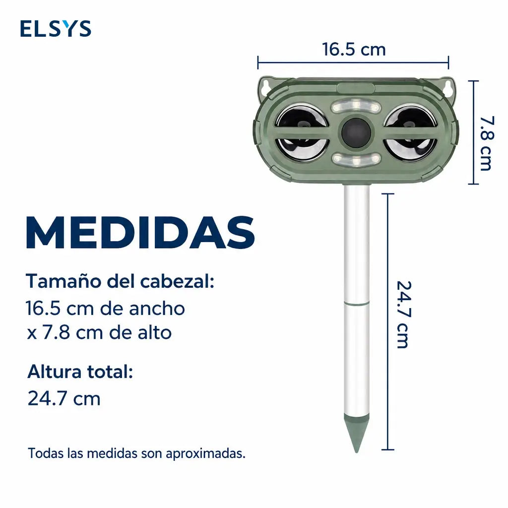 Repelente ultrasónico solar para animales con sensor PIR y LED, cobertura de 120 m² para jardín, huerto y granja exterior