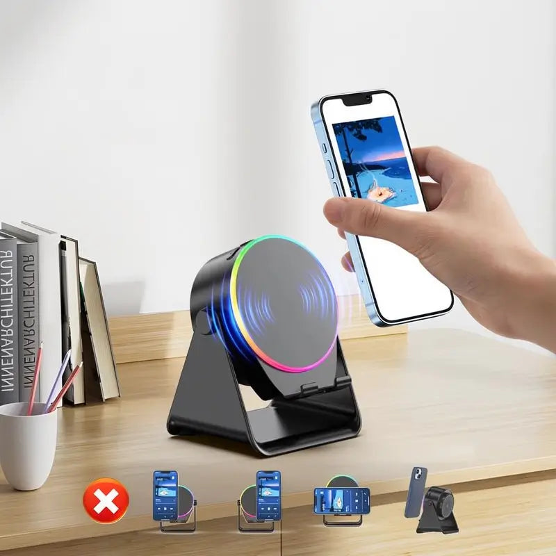 Bocina Bluetooth 5 en 1 con Audio por Inducción Inalámbrica, Soporte Giratorio de 360° con LED, Base Universal para Sonido Surround y Cargador, Soporte Portátil de Escritorio para Hogar, Regadera, Exterior y Viajes