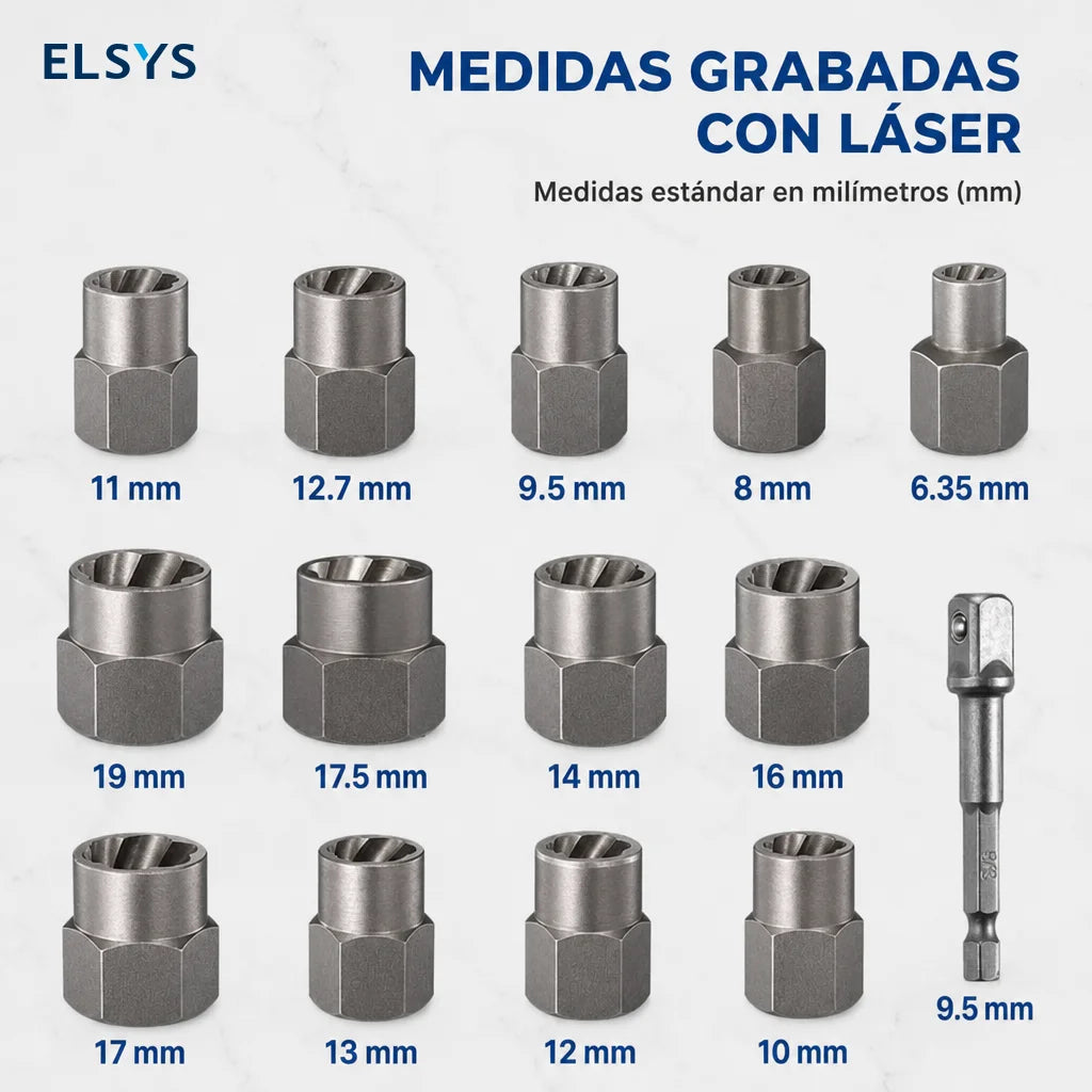 Juego extractor de birlos y tuercas dañadas 14 piezas, acero Cr-Mo, para taller mecánico y reparaciones de auto con estuche