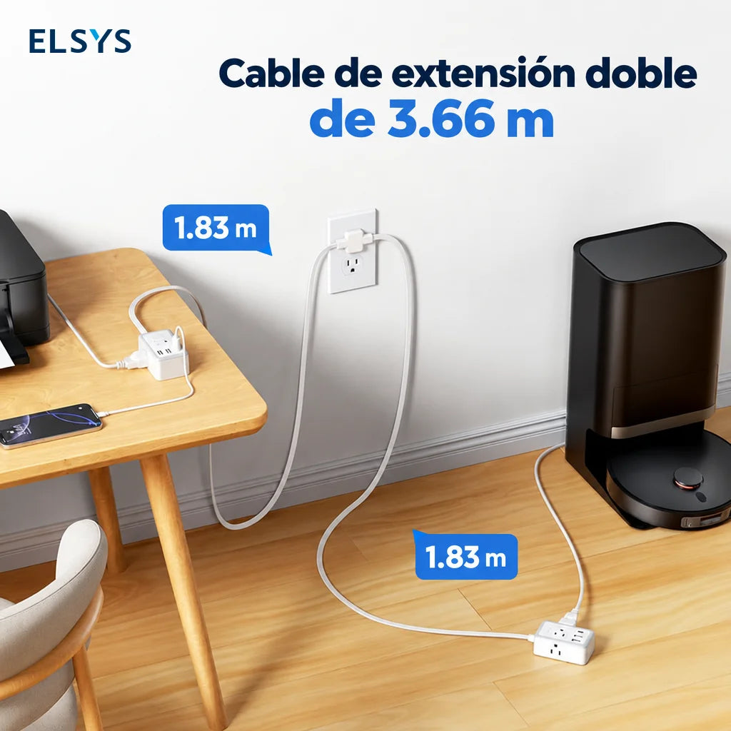 Extensión eléctrica con clavija plana y puertos USB