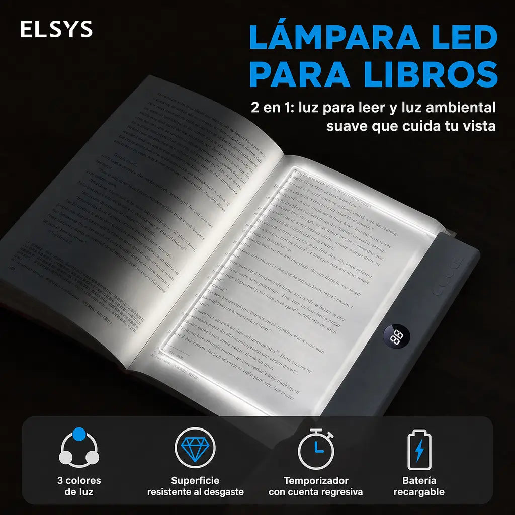 Lámpara plana LED recargable para lectura con 3 tonos, brillo ajustable y temporizador para leer en cama sin molestar a nadie