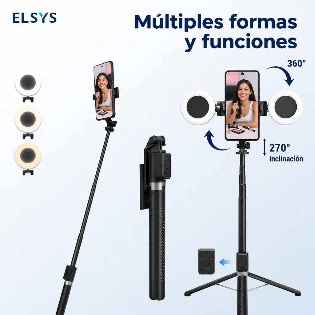 Tripié selfie 6 en 1 con luz LED ajustable y control Bluetooth para crear videos, lives y fotos estables con celular