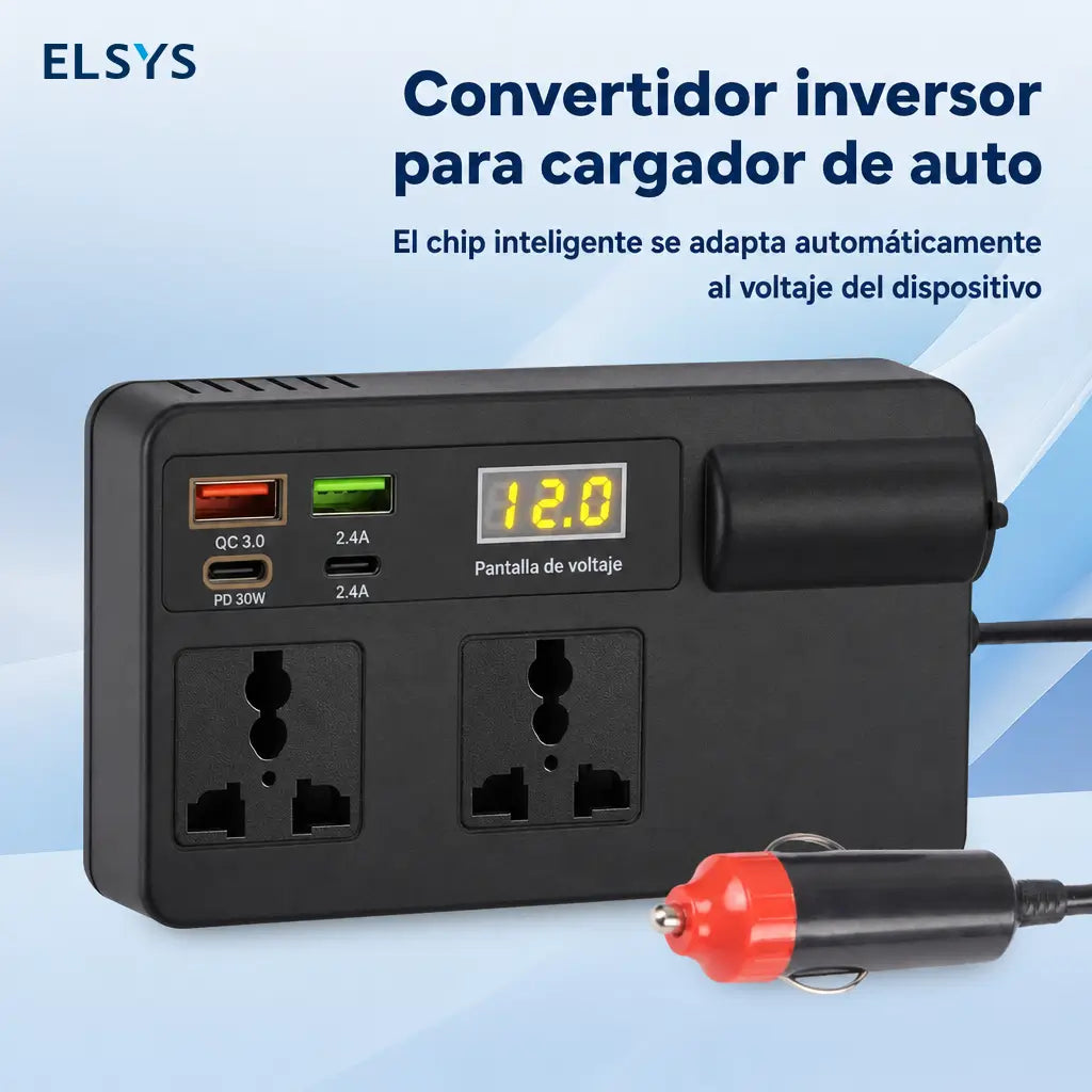 Inversor compacto para auto 12V-24V a 220V con carga rápida QC3.0 y pantalla, para celulares, tablets y laptops en viajes